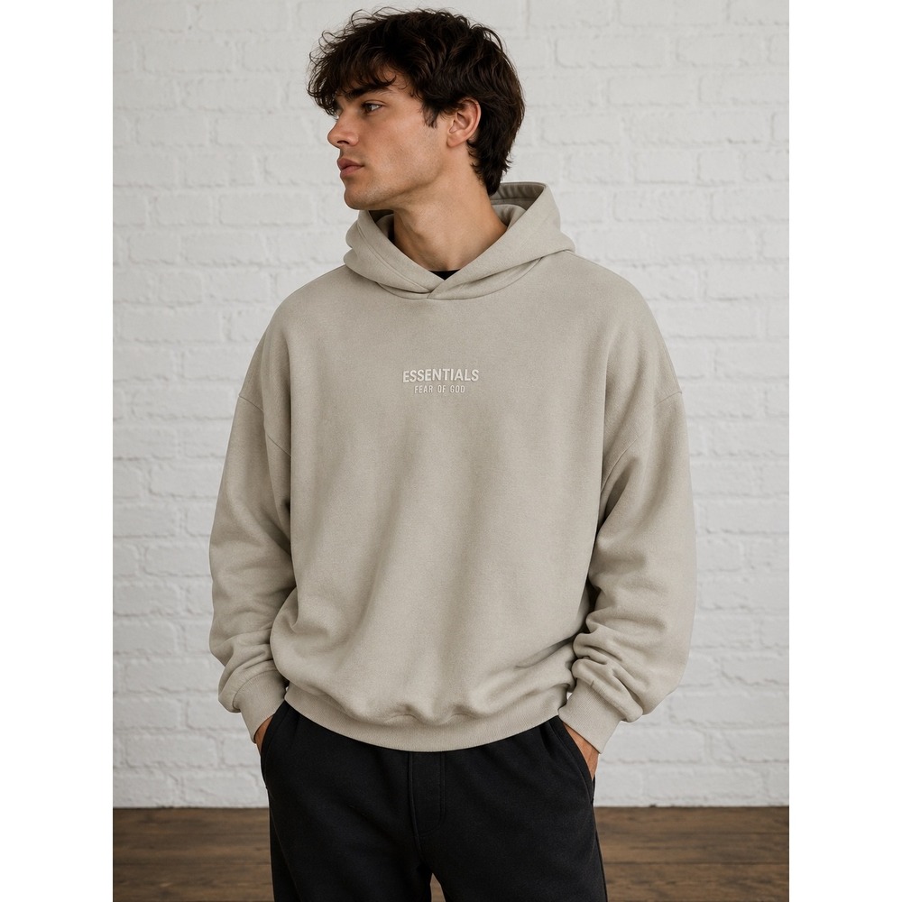 Fear of God Essentials Pullover Hoodie Tan Oatmeal Logo Mens Medium M